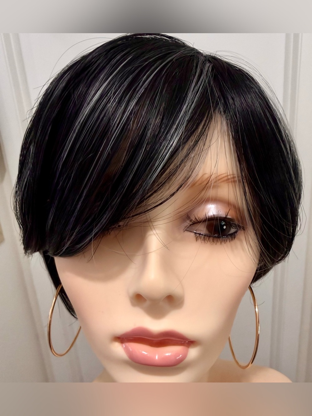 HAIR, Pixie with Nails, Long Bangs, Spiral Crown, Black with Silver highlights - Picture 5 of 10